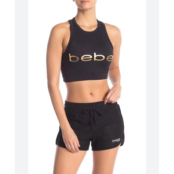 NEW NWT Bebe Sport Women's Metallic Logo‎ Crop Bra Black Medium Removable Pads - Picture 1 of 8